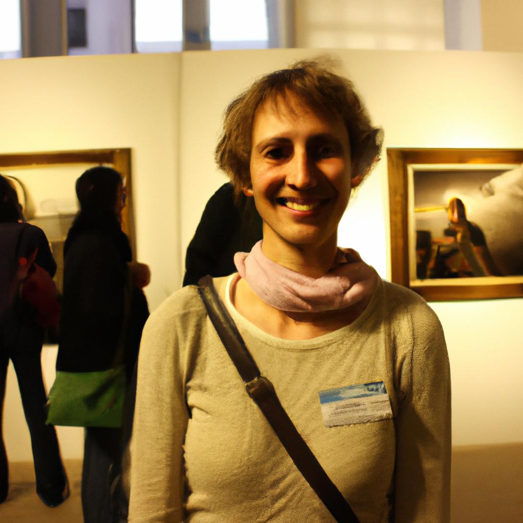 Person attending art exhibition, smiling