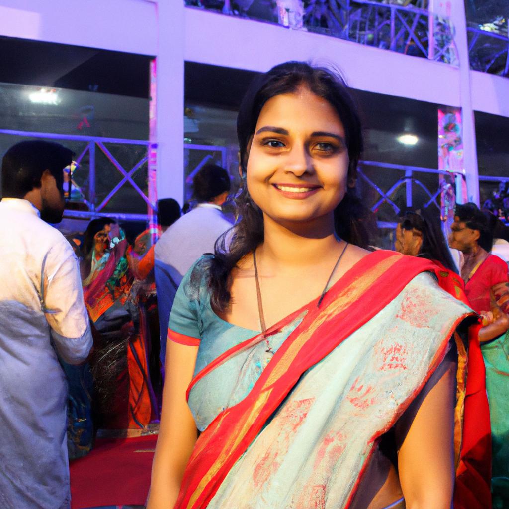 Person attending cultural event, smiling